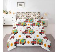 Homewish Cartoon Fire Truck King Size Duvet Set - for Kids Teens Adults,Firefighter Fireman Bedding Set,Emergency Fire Engine Quilt Set -,Firefighting Supplies Coverless Duvet