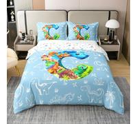 Homewish Cartoon Initial Letter C Cotton Duvet Cover Super King Dinosaur Monogram Bedding Set For Kids Boys Girls Adults Cute Blue Dinosaur Jungle Comforter Cover Wild Animals Dino Bed Set 3 Pcs