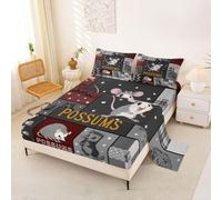 Homewish Cartoon Possums Animal Patchwork Red Grey Bedding Set Double Kawaii Checkered Bed Sheets Geometric Stripe Sheet Set - Natural Wildlife Fitted Top Sheets 4 Piece