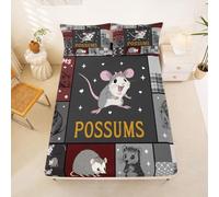 Homewish Cartoon Possums Animal Patchwork Red Grey Bedding Set Single Kawaii Checkered Fitted Sheet Geometric Stripe Bed Sheets,Natural Wildlife Bed Cover 2 Pcs