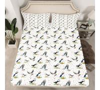 Homewish Cartoon Puffin Bedding Set for Kids Cute Audubon Birds Print Bed Sheets Single Kawaii Atlantic Puffins Fitted Sheet Watercolor Wild Animal Sheets,White 1 Pillowcase