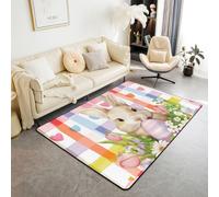 Homewish Cartoon Rabbits Kids Area Rug 150x200cm for Bedroom - Happy Easter Egg Flowers Romantic Rugs Living Room Geometric Grids Lovely Animal Print Non Shedding Carpet,Rainbow Love Heart Large Rugs