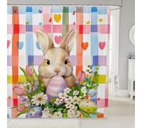 Homewish Cartoon Rabbits Kids Shower Curtain 72" W x 84" L - Happy Easter Egg Flowers Romantic Waterproof Curtains Geometric Grids Lovely Animal Print Curtain,Rainbow Love Heart Bathroom Accessories