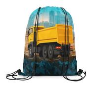 Homewish Cartoon Truck Drawstring Backpack 33 x 40 cm, Vans Lorry Drawstring Bags For Camping Sport Gym, Buildings Yellow Cars Vehicle Reversible Draw String Back Bag, Vehicle Theme String Backpack