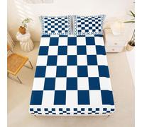 Homewish Checkered Bedding Set Double Navy Blue Checkerboard Fitted Sheet Geometric Gingham Grid Bed Sheets for Kids Teens Girls,Patchwork Buffalo Plaid Bed Cover 3 Pcs