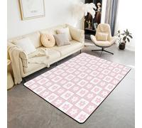Homewish Checkered Daisy Area Rug 100x150 cm Kawaii Pink Buffalo Plaid Living Room Rug Non Slip Cute Groovy Flower Checkerboard Carpet For Bedroom Kitchen Floral Gingham Grid Indoor Floor Mat Non Slip