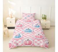 Homewish Checkered Pumpkin Single Duvet Cover Set | Cute Bowknot Bedding for Kids Teens Pink Harvest Cottage Quilt Cover Preppy Bed Sets