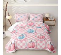 Homewish Checkered Pumpkin Single Quilt Set 2 Piece | Cute Bowknot Quilted Bedspread Pink Harvest Cottage Coverlet Preppy Bedding Set