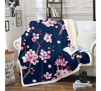 Homewish Cherry Blossom Throw Blanket Japanese Cherry Flannel Blanket Pink Flower Petal Floral Branch Sherpa Blanket Garden Spring Summer Bed Blanket for Living Room Decor, Navy Blue Double 60"x80"