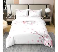 Homewish Cherry Blossoms 100% Cotton Duvet Cover Double,Girls Pink Floral Bedding Set,Spring Japanese Flowers Bed Set,Pale Pink Blossom Petal Comforter Cover,Romantic Branch Bedspread Cover,3Pcs