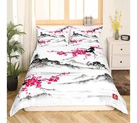 Homewish Cherry Blossoms Comforter Cover Double Size For Adult Teens Japanese Red Floral Decor Bedding Set Japanese Style Mountain Tree Soft Retro Tower Duvet Cover Ink Landscape Painting Bed Set