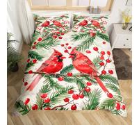 Homewish Christmas Cardinal Bedding Set King Red Bird Animal Duvet Cover Merry Christmas New Year Comforter Cover For Kids Boys Girls,Berries Tree Branches Bed Set