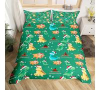 Homewish Christmas Dinosaur Bedding Sets King Xmas Sled Snowflake Comforter Cover, Animal Theme Bed Set Dino Duvet Cover, Green Red Brown Quilt Cover 3 Pieces with 2 Pillowcase