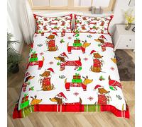 Homewish Christmas Dog Duvet Cover Single Cute Dachshund Bedding Set Red Green Buffalo Plaid Comforter Cover for Kids Boys Girls Cartoon Sausage Dog Bed Set Zipper 1 Pillow Case Snowflake Decor