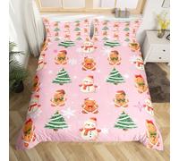 Homewish Christmas Duvet Cover Single No Comforter, Kawaii Xmas Tree Snowman Bedding Sets for Bedroom, Gingerbread Man Snowflakes Cozy Soft Kids Teens Bed Set, Pink Brown Winter Bedroom Set