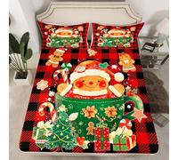 Homewish Christmas Gingerbread Man Bedding Set King Cartoon Xmas Theme Fitted Sheet Red Black Buffalo Plaid Bed Sheets,For Kids Boys Girls,Cute Winter Holiday Bed Cover 3 Pcs