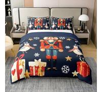 Homewish Christmas Nutcracker Duvet Cover Set Cartoon Soldier Royal Guarder Cotton Comforter Cover, Poinsettia Flowers King Bedding Sets, Xmas Snowflake Birds Bed Sets