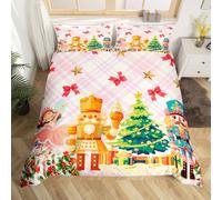 Homewish Christmas Nutcracker Duvet Cover Set Cute Ballet Princess Super King Bedding Set, Red Bow Tie Comforter Cover Cartoon Soldier Pink Christmas Plaid Bed Sets