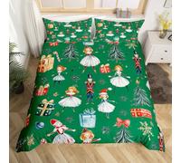 Homewish Christmas Nutcracker Duvet Cover Set Red Bow Tie Christmas Tree King Bedding Sets, Cute Ballet Princess Xmas Snowflake Comforter Cover Cartoon Royal Guarder Soldier Bed Sets,Green