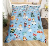 Homewish Christmas Nutcracker Duvet Cover Set Red Bow Tie Christmas Tree Single Bedding Sets for Girls, Cute Ballet Princess Xmas Snowflake Comforter Cover Cartoon Royal Guarder Soldier Bed Set,Blue