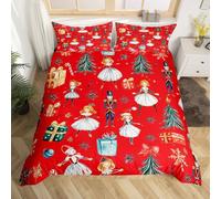 Homewish Christmas Nutcracker Duvet Cover Set Red Bow Tie Christmas Tree Super King Bedding Set, Cute Ballet Princess Xmas Snowflake Comforter Cover Cartoon Royal Guarder Soldier Bed Sets,Red