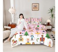 Homewish Christmas Nutcracker Duvet Set Double - for Kids Teens Nutcracker Christmas Ornaments Bedding Set Girls Princess Ballet Mouse King Quilt Set - Carousel Xmas Tree Coverless Duvet