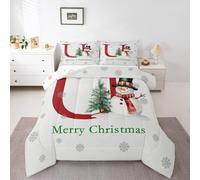 Homewish Christmas Snowman Duvet Set Double - Initial U Monogram Bedding Set for Kids Teens Christmas Trees Snowflake Bedspread Quilt Set - Winter Red Green Xmas Coverless Duvet