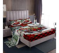 Homewish Christmas Truck Bed Sheet Queen Size Kids Girls Boys Red Plaid Decor Pine Tree Bedding Set 4pcs Winter Snow View Deep Packet Fitted Sheet Happy New Year Gifts Top Flat Sheet,2 Pillowcases