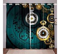 Homewish Clock Curtains Retro Steampunk Clocks Gears Window Curtains Industrial Mechanical Punk Curtains For Living Room Vintage Watches Illustration Window Drapes 2 Panel Set Blue Teal 66"X72"