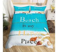 Homewish Coastal Duvet Cover Double Beach Themed Bedding Set, Starfish Conch Seashell Comforter Cover Blue White Stripes Bed Set, Retro Grunge Wooden Door Bedding Gradient Ombre Decor