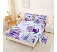 Homewish Colorful Butterfly Bedding Set Double Lavender Butterfly Bed Sheets Aesthetics Flying Butterflies Sheet Set - groovy Lavender florals Fitted Top Sheets 4 Piece Blue