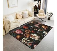 Homewish Colorful Floral Area Rug 150x200 cm Oil Painting Flower Carpet Victorian Groovy Flowers Indoor Floor Mat Watercolor Garden Decorative Washable Rug,Pink White