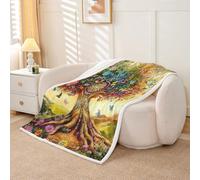 Homewish Colourful Tree Pattern Fleece Blanket Throw 127x152cm Boho Nature Botanical Style Warm Plush Sherpa Blanket Floral Botanical Fuzzy Plush Throw Sunset Scenery for Bed Sofa Couch