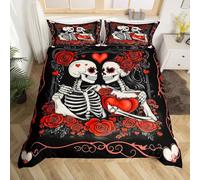 Homewish Couple Skull Comforter Cover Double,Gothic Skull Red Roses Bedding Set For Kids Adults Room Decor,White Skeleton Lovers Duvet Cover Romantic Flower Love Heart Quilt Cover
