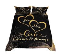 Homewish Couples Bedding Set Mr And Mrs Comforter Cover Double Size Gold Glitter Sequins Duvet Cover Love Heart Print Quilt Cover With Corner Ties For Valentine'S Day Gifts Birthday Gift Black Gold