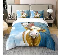 Homewish Cow 100% Cotton Duvet Cover King,Rustic Highland Cow Bedding Set for Kids,Wildlife Farmhouse Cow Flower Comforter Cover,Wooden Watercolor Western Funny Animal Bed Sets with 1 Pillowcase