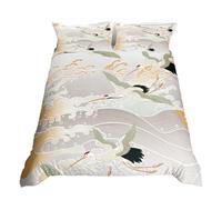 Homewish Crane Bird Bedding Sets King Propitious Cloud Comforter Cover, Grey Geometris Stripe Line Bed Set Exotic Oriental Duvet Cover, Japanese-Style Quilt Cover Home Decoration