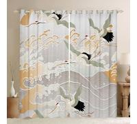 Homewish Crane Bird Curtains & Drapes Propitious Cloud Curtains 66" Wx72 L 2 Panels, Grey Geometris Stripe Line Blackout Curtains Exotic Oriental Living Room Curtains, Japanese-Style Window Curtains