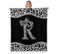 Homewish Customized Letter R Sherpa Blanket Gray and Black Leopard Bow Fuzzy Plush Throw Princess Trendy Cheetah Bow Fleece Blanket - Modern African Leopard Print Decor for Bed Couch Twin 60"x80"