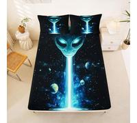 Homewish Cute Alien Fitted Sheet King Stars Planets Bed Sheets Space Aliens Bedding Set,Magical Ufo Bed Cover 3 Pcs