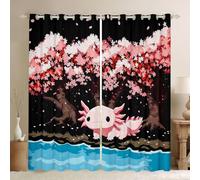 Homewish Cute Axolotl Blackout Curtains 66 x 72 Inch 2 Panel - Aesthetic Nature Cherry Blossom Window Curtains for Bedroom - Adorable Axolotls Window Treatments Drapes Watercolor Animal Decor