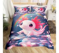 Homewish Cute Axolotl King Size Duvet Cover Set with 2 Pillowcases - Kids Pink Kawaii Salamander Rainbow Cherry Blossom Quilt Cover Cartoon Wild Animal Bed Sets