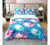 Homewish Cute Axolotls Double Bedding with 2 Pillowcases - Blue Ocean Underwater Sealife Cotton Duvet Cover Set Aesthetic Floral Seaweed Quilt Cover Vibrant Adorable Axolotl Bed Sets