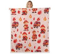 Homewish Cute Bear Fireman Fleece Blanket Queen 90"x90" for Kids Teens Adults,Kids Animal Firefighter Sherpa Blanket,Cartoon Fire Truck Fuzzy Plush Throw -,Red Tree Leaves Decor for Bed Couch