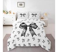 Homewish Cute Black Bow Knot Double Coverless Duvet and Pillowcase Set | Fairy Tales Bow-Tie Duvet All Seasons Stylish Black and White Quilt Set Romantic Preppy Bow Bedding Lightweight