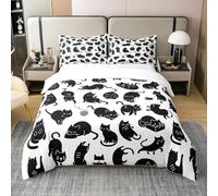 Homewish Cute Black Cats 100% Organic Cotton Duvet Cover Lovely Kitten Bedding Set Double,Black and White Comforter Cover Cartoon Little Cat Pet Animal Bed Sets with 2 Pillowcases Skin Friendly