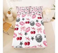 Homewish Cute Bowknot Bed Sheets Double Red Cherry Fitted Sheet 70s 80s Retro Disco Ball Bedding Set for Kids Boys Girls,Charming Lips Bed Cover 3 Pcs