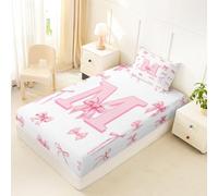 Homewish Cute Bows Bed Sheets Single Personalized Initial Letter M Fitted Sheet Kawaii Pink Bow Knot Bedding Set, Monogram Letter Girly Bowknot Bed Cover 2 Pcs