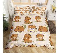 Homewish Cute Capybara Duvet Cover Double, Strawberries Bedding Set, Kawaii Animal Cartoon Cake Comforter Cover, Funny Wildlife Rodent Green Brown Bedroom Decor Quilt Cover for Children