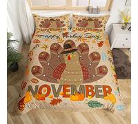 Homewish Cute Cartoon Turkey Bedding Set Autumn Harvest Duvet Cover King for Boys Girls Women Thanksgiving Day Gifts Comforter Cover Farm Maple Leaf Pumpkin Bedspread Cover Fall Season Bedding